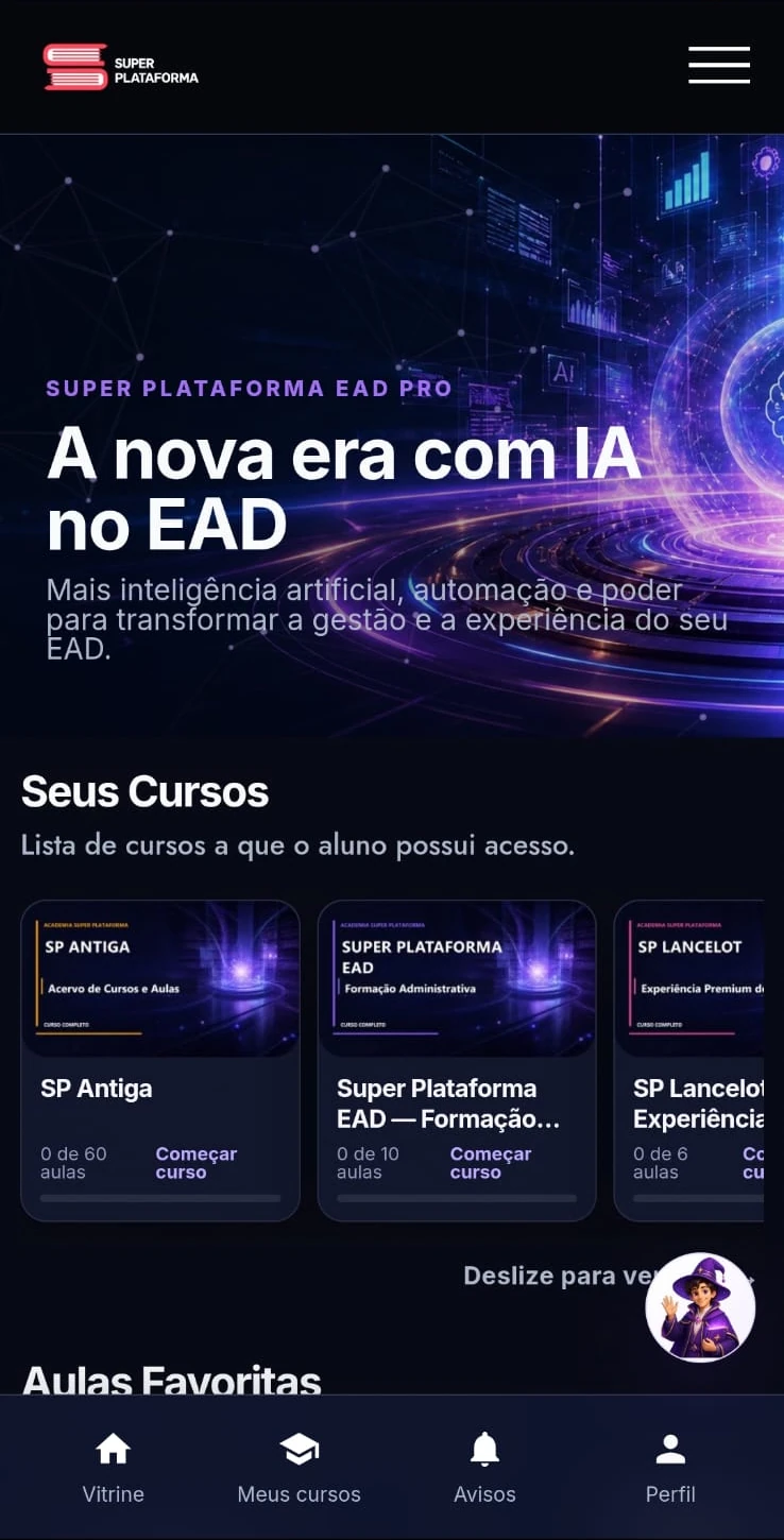 Tela inicial do aplicativo da Super Plataforma: cursos do aluno, menu inferior e o Merlin sempre à mão