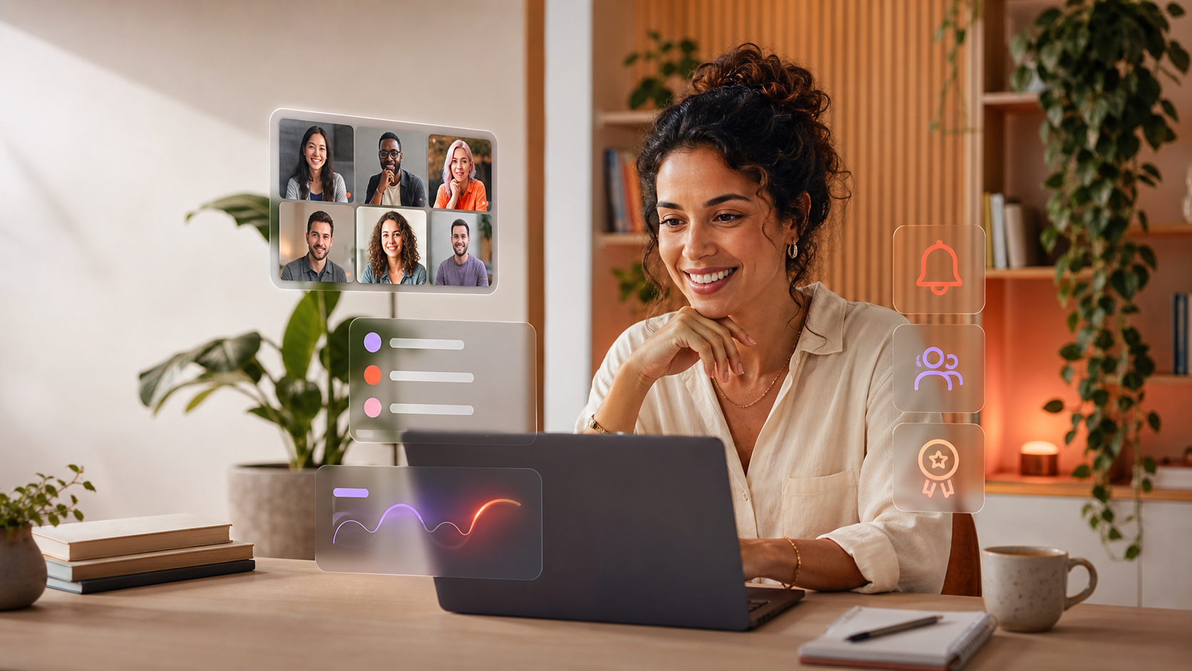 Aluna participando de uma comunidade de aprendizagem com progresso, conquistas e notificações