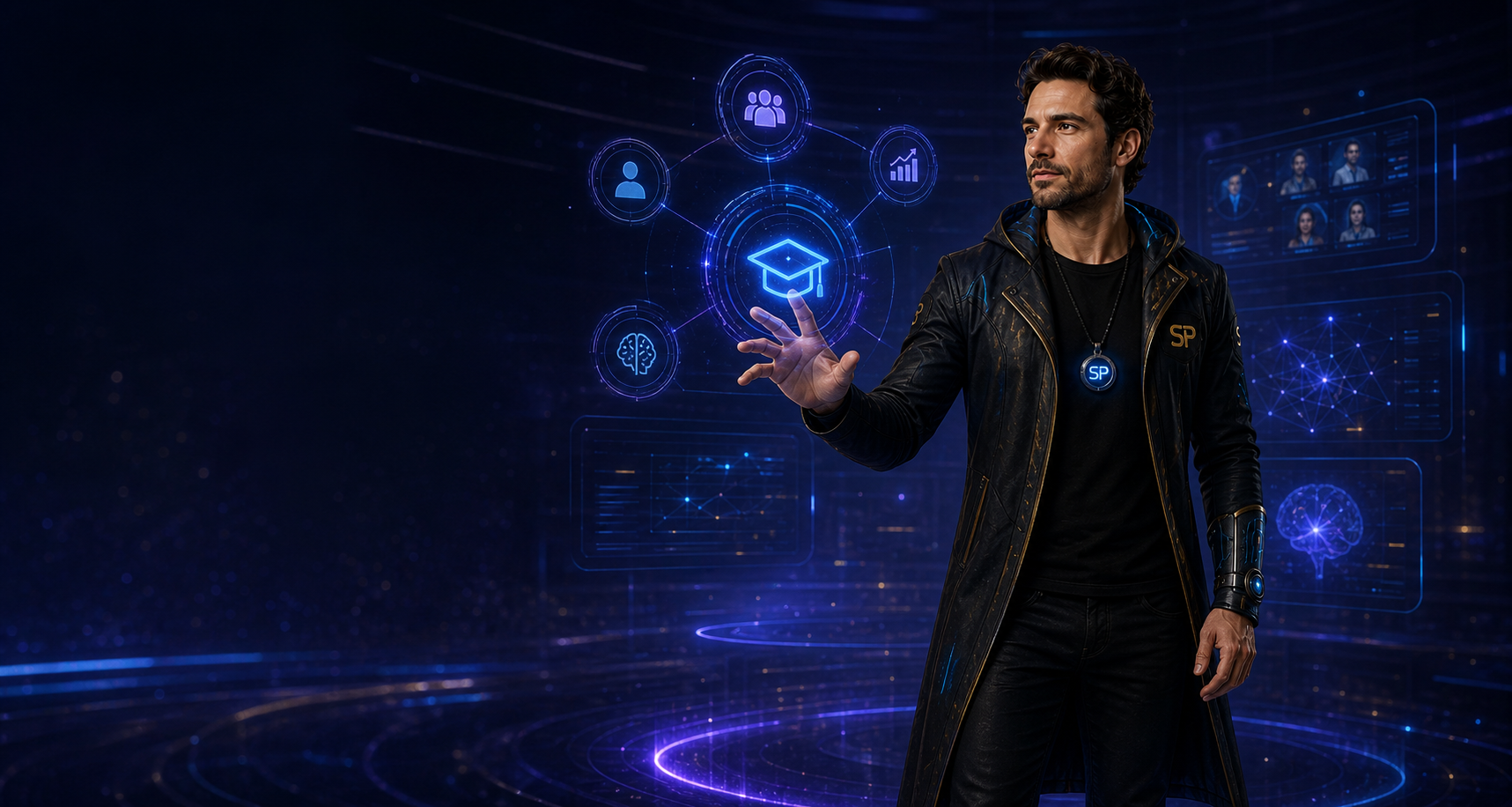 Personagem oficial da Super Plataforma controlando um ecossistema educacional conectado