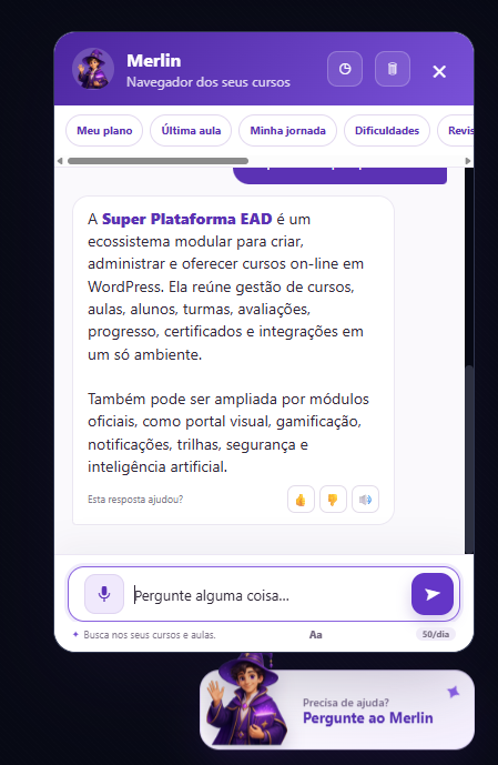 Interface real do Merlin respondendo a um aluno dentro da Super Plataforma