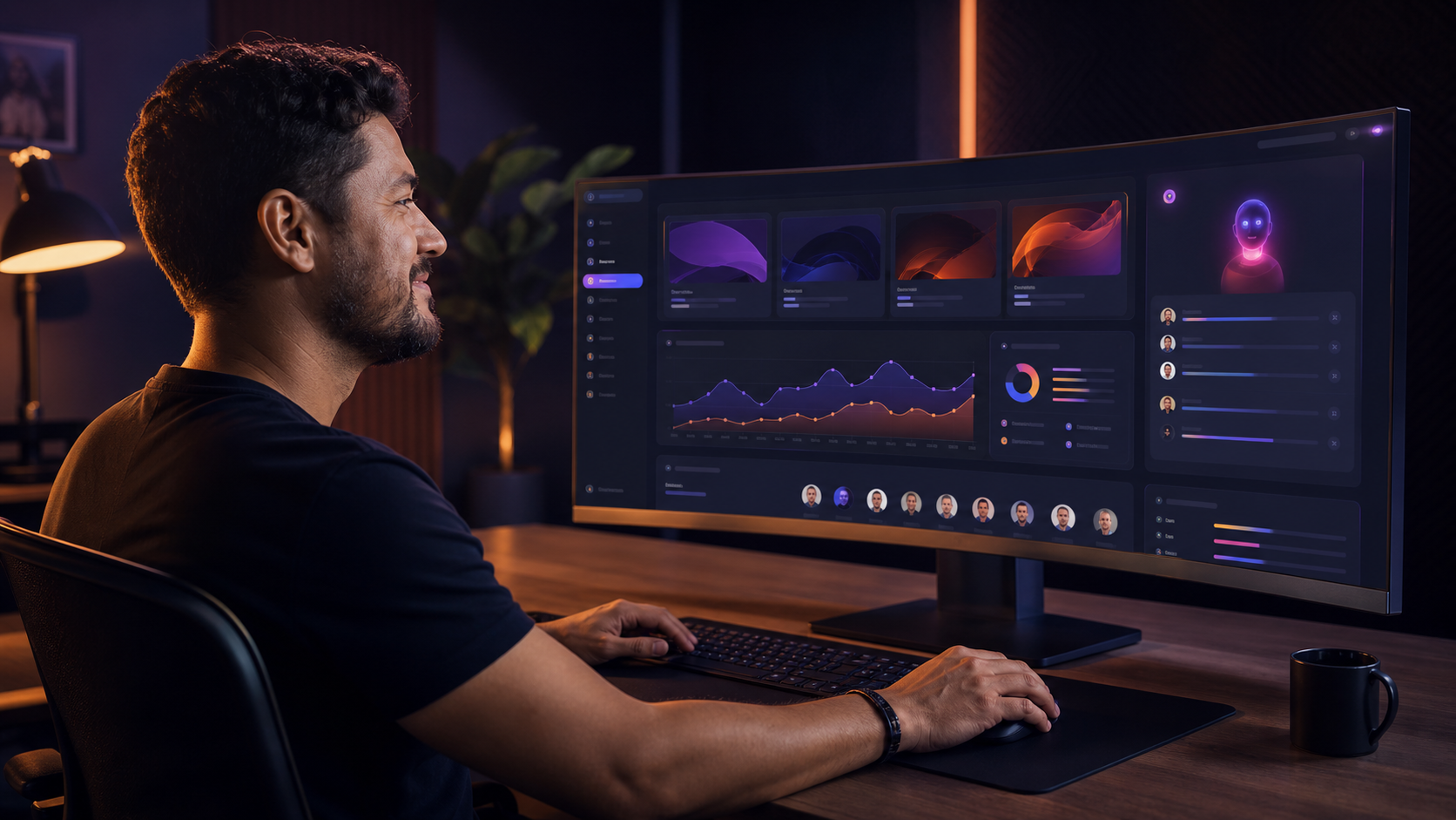Produtor acompanhando cursos, alunos, inteligência artificial e resultados em um painel integrado