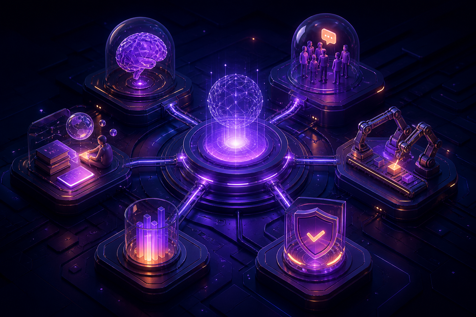 Ecossistema conectado da Super Plataforma com inteligência artificial, comunidade, automação, segurança, dados e experiência de aprendizagem